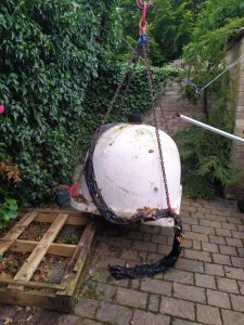 Hot Tub Move - We Move A Pizza Oven 4 Lifting chains on the Pizza Oven - The Hot Tub Mover